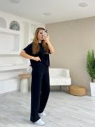 Kadın Modal Kumaş V Yaka Tişört Ve Bol Kesim Pantolon Ikili Takım resmi